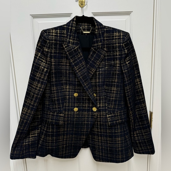 Elie Tahari Jezebel Metallic Double Breasted Tweed Blazer in Black / Gold Sz 10 - Picture 6 of 14
